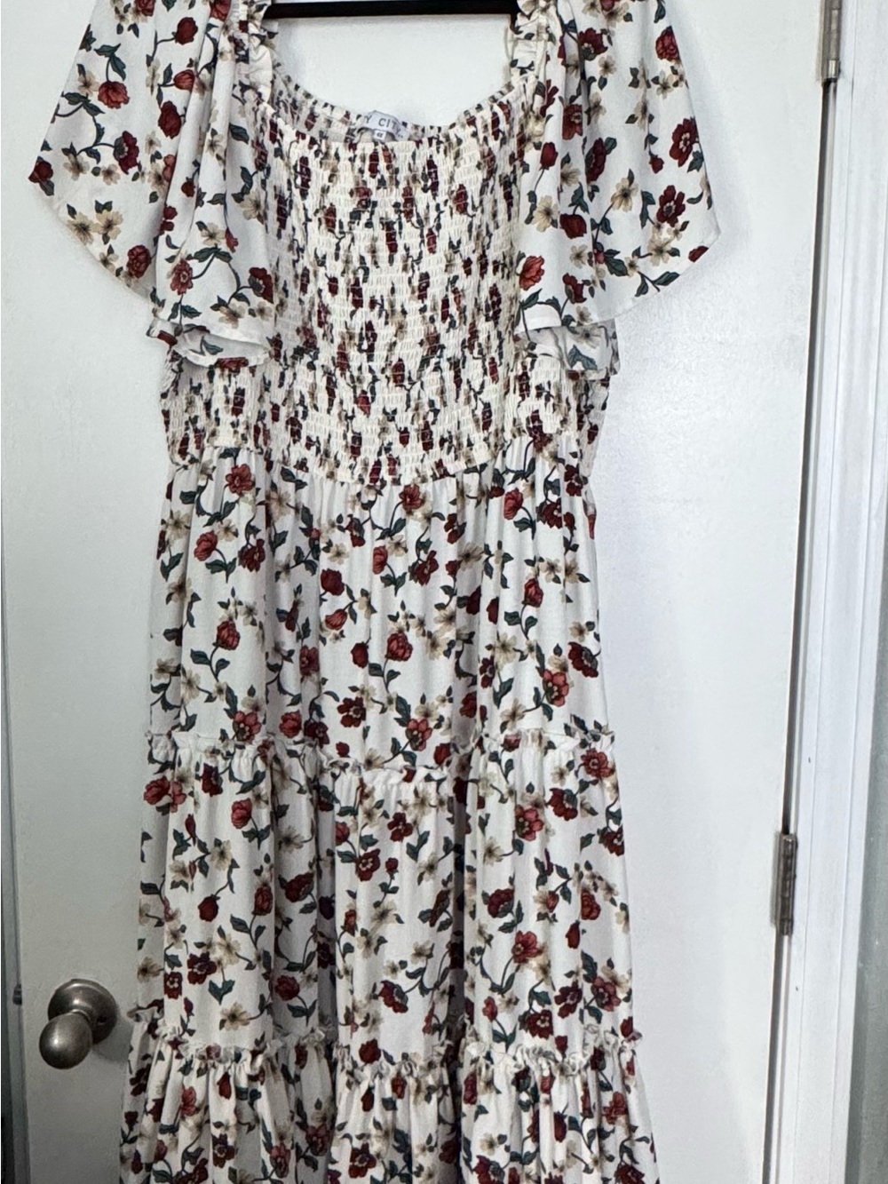 IVY CITY Smocked Floral Maxi Dress - White with Red Rose Print